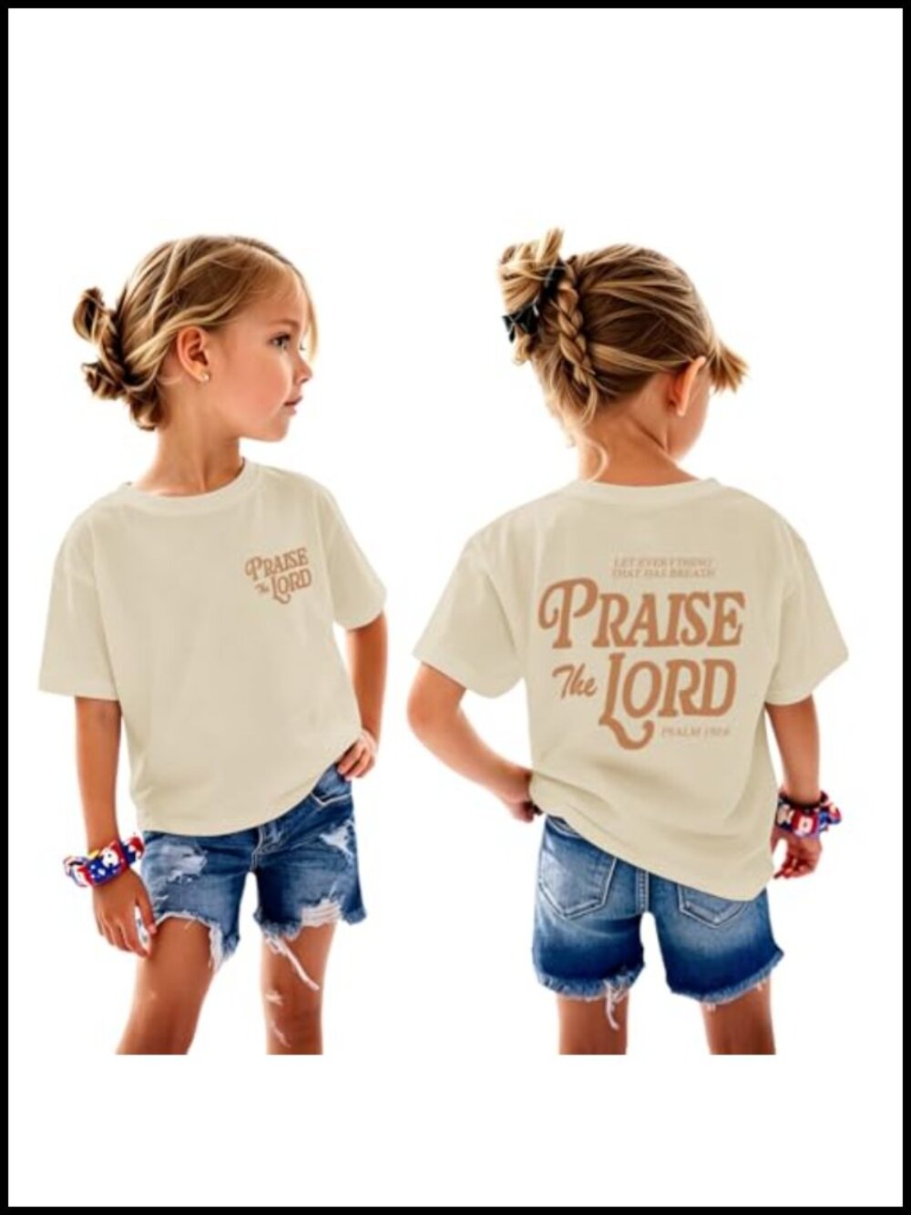 Girls Praise The Lord Christian Graphic T-Shirt Jesus Faith Bible Verse Crew